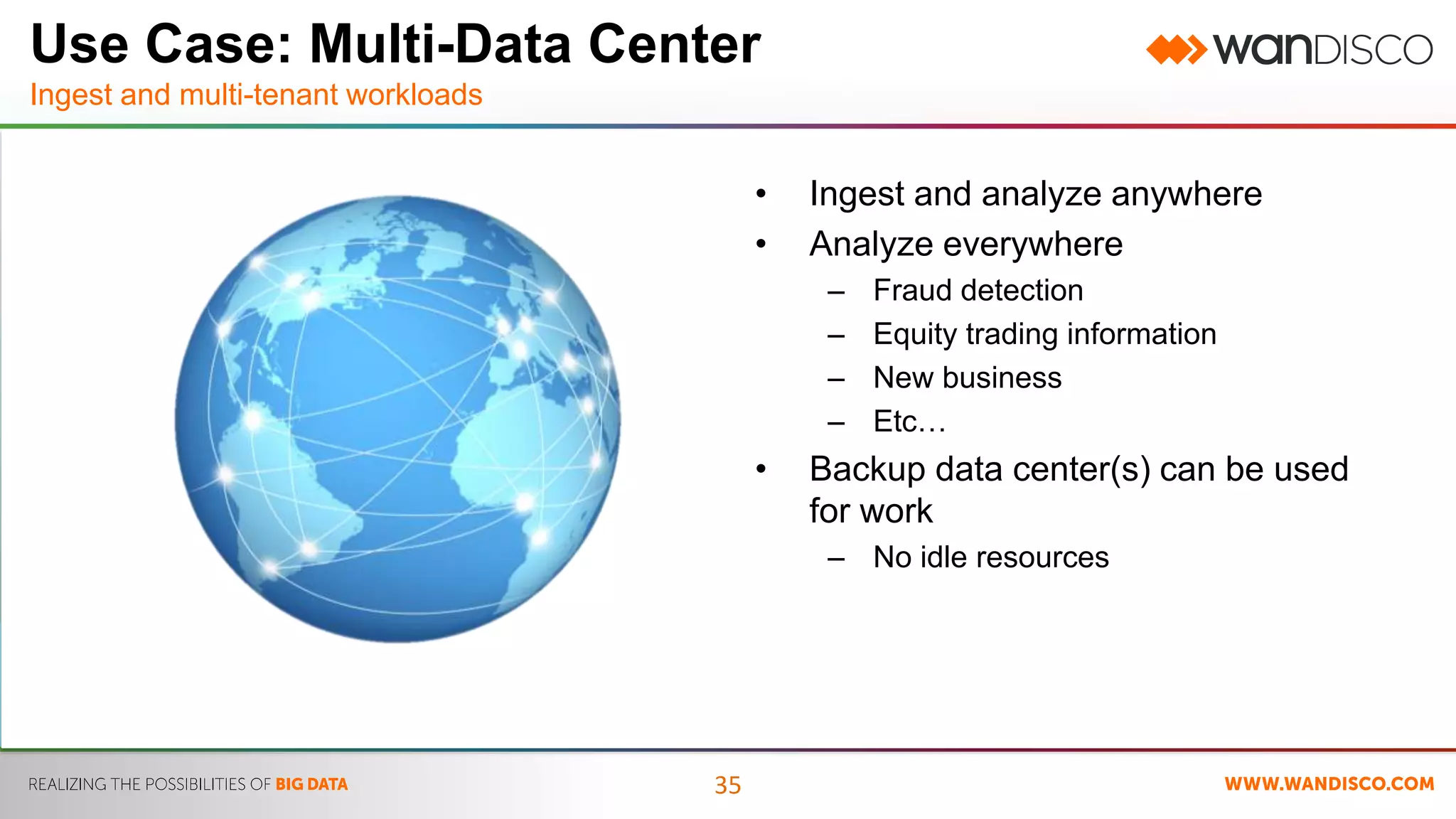 35 
• Ingest and analyze anywhere 
• Analyze everywhere 
– Fraud detection 
– Equity trading information 
– New business 
– Etc… 
• Backup data center(s) can be used 
for work 
– No idle resources 
Use Case: Multi-Data Center 
Ingest and multi-tenant workloads 
 