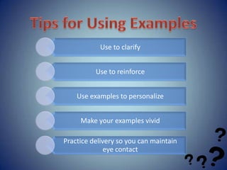 Use to clarify


          Use to reinforce


    Use examples to personalize


     Make your examples vivid

Practice delivery so you can maintain
              eye contact
 