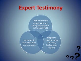 Testimony from
             people who are
           recognized experts
            in the their field



                            Helpful to
  Important to            students who
use when topic               are rarely
is controversial           looked at as
                              experts
 