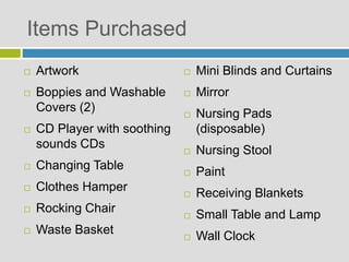 Items Purchased
 Artwork
 Boppies and Washable
Covers (2)
 CD Player with soothing
sounds CDs
 Changing Table
 Clothes Hamper
 Rocking Chair
 Waste Basket
 Mini Blinds and Curtains
 Mirror
 Nursing Pads
(disposable)
 Nursing Stool
 Paint
 Receiving Blankets
 Small Table and Lamp
 Wall Clock
 