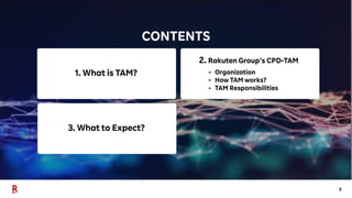 3
CONTENTS
2. Rakuten Group’s CPD-TAM
- Organization
- How TAM works?
- TAM Responsibilities
3. What to Expect?
1. What is TAM?
 