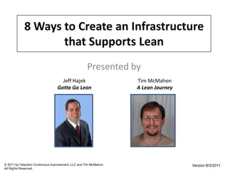 8 Ways to Create an Infrastructure that Supports Lean Presented by Jeff Hajek Gotta Go Lean Tim McMahon A Lean Journey © 2011 by Velaction Continuous Improvement, LLC and Tim McMahon. All Rights Reserved. Version 8/3/2011 