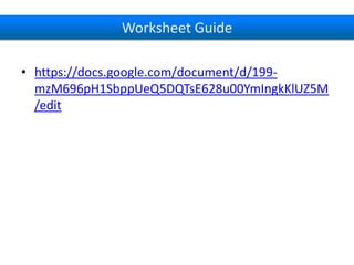 Worksheet Guide
• https://docs.google.com/document/d/199mzM696pH1SbppUeQ5DQTsE628u00YmIngkKlUZ5M
/edit

 