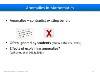 Anomalies in Mathematics
• Anomalies – contradict existing beliefs

• Often ignored by students (Chinn & Brewer, 1993 )
• Effects of explaining anomalies?
(Williams, et al 2012; 2013)

Williams, Walker & Lombrozo, 2012

17

 