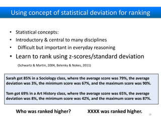 Using concept of statistical deviation for ranking
• Statistical concepts:
• Introductory & central to many disciplines
• Difficult but important in everyday reasoning

• Learn to rank using z-scores/standard deviation
(Schwartz & Martin, 2004, Belenky & Nokes, 2011)

Sarah got 85% in a Sociology class, where the average score was 79%, the average
deviation was 3%, the minimum score was 67%, and the maximum score was 90%.
Tom got 69% in a Art History class, where the average score was 65%, the average
deviation was 8%, the minimum score was 42%, and the maximum score was 87%.

Who was ranked higher?

XXXX was ranked higher.

18

 
