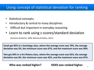 Using concept of statistical deviation for ranking
• Statistical concepts:
• Introductory & central to many disciplines
• ...