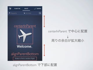 centerInParent
                    centerInParent で中心に配置
                          ↓
                     周りの余白が拡大縮小



alignParentBottom

 alignParentBottom で下部に配置
 