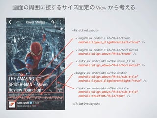 画面の周囲に接するサイズ固定の View から考える


            <RelativeLayout>

              <ImageView android:id=”@+id/thumb
                android:layout_alignParentLeft=”true” />

              <ImageView android:id=”@+id/horizontal
                android:align_above=”@+id/thumb” />

              <TextView android:id=”@+id/sub_title
                android:align_above=”@+id/horizontal” />

             <ImageView android:id=”@+id/star
                android:align_above=”@+id/sub_title”
                android:layout_alignParentRight=”true” />

              <TextView android:id=”@+id/title
                android:align_above=”@+id/sub_title”
                android:toLeftOf=”@+id/star” />

            </RelativeLayout>
 