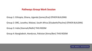 Pathways Group Work Session
Group 1: Ethiopia, Ghana, Uganda [James/Eva] OTHER BUILDING
Group 2: DRC, Lesotho, Malawi, South Africa [Elizabeth/Pauline] OTHER BUILDING
Group 3: India [Hannah/Nidhi] THIS ROOM
Group 4: Bangladesh, Honduras, Pakistan [Anna/Ben] THIS ROOM
 