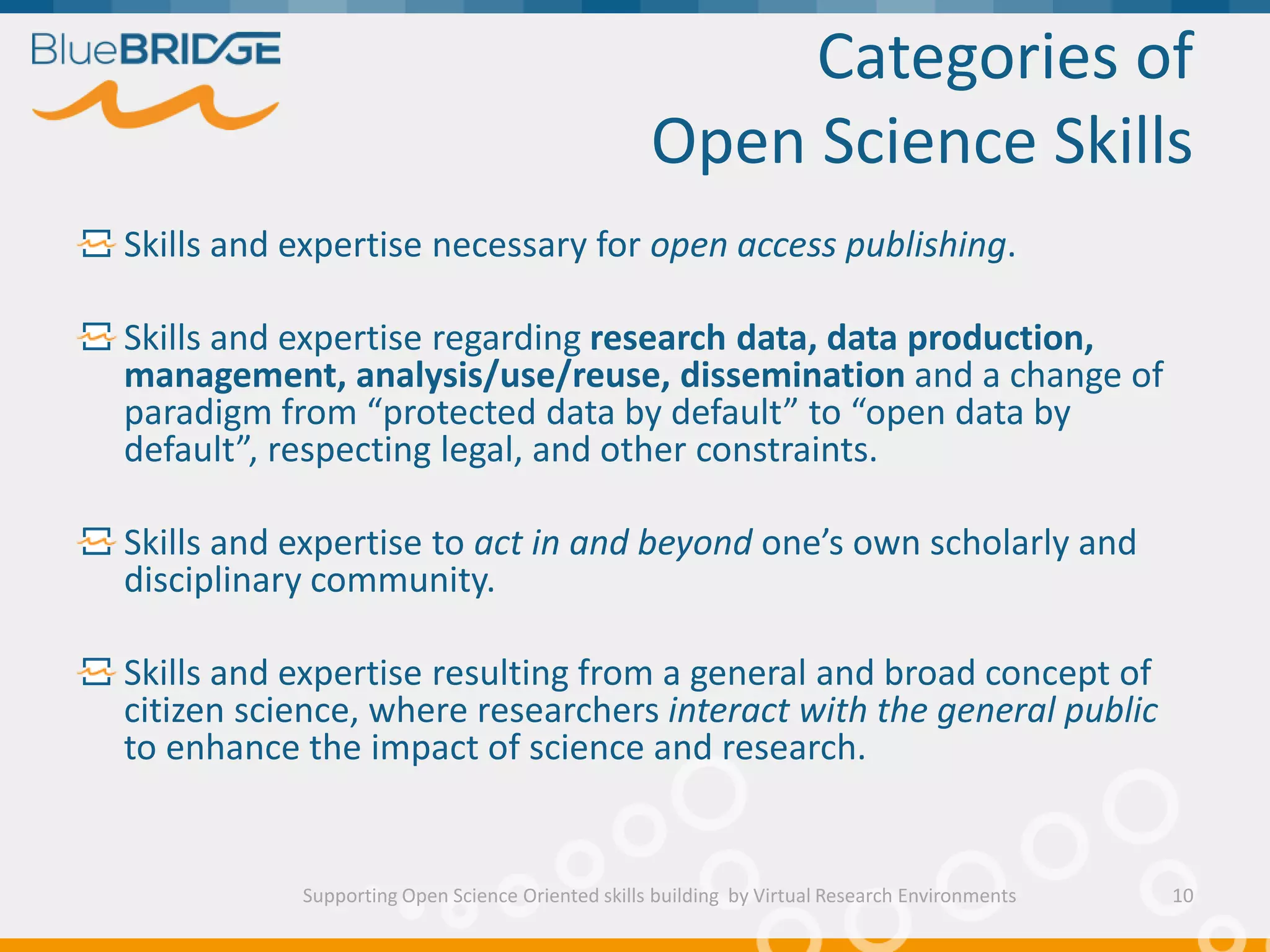 Categories of
Open Science Skills
Supporting Open Science Oriented skills building by Virtual Research Environments
Skills and expertise necessary for open access publishing.
Skills and expertise regarding research data, data production,
management, analysis/use/reuse, dissemination and a change of
paradigm from “protected data by default” to “open data by
default”, respecting legal, and other constraints.
Skills and expertise to act in and beyond one’s own scholarly and
disciplinary community.
Skills and expertise resulting from a general and broad concept of
citizen science, where researchers interact with the general public
to enhance the impact of science and research.
10
 