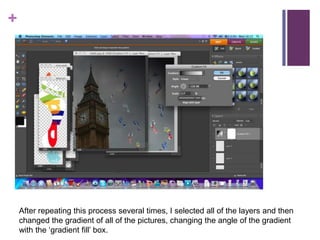 After repeating this process several times, I selected all of the layers and then changed the gradient of all of the pictures, changing the angle of the gradient with the ‘gradient fill’ box.  