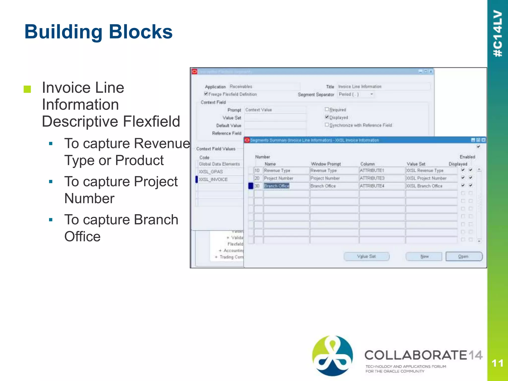 ■ Invoice Line
Information
Descriptive Flexfield
▪ To capture Revenue
Type or Product
▪ To capture Project
Number
▪ To capture Branch
Office
Building Blocks
 