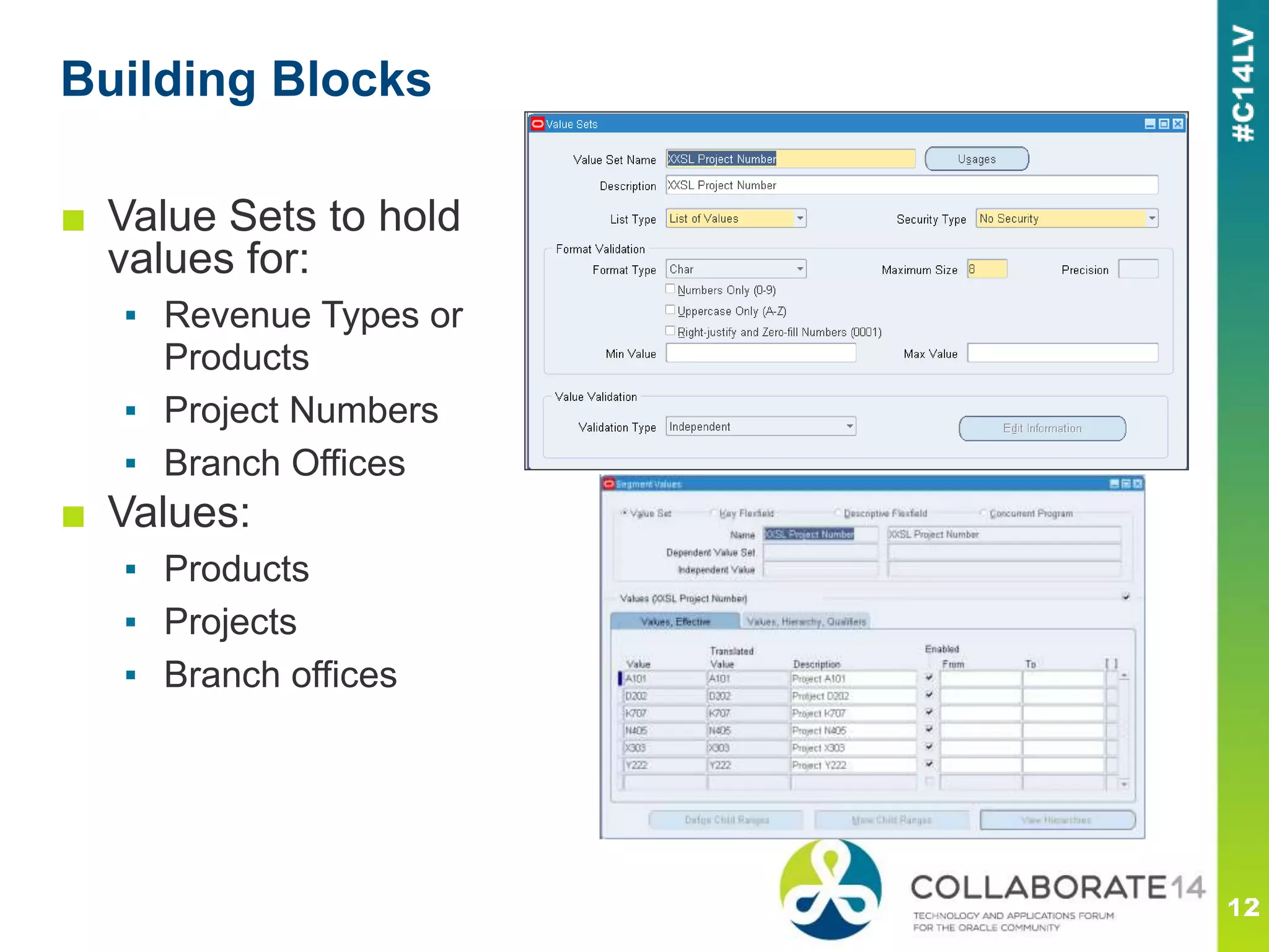 ■ Value Sets to hold
values for:
▪ Revenue Types or
Products
▪ Project Numbers
▪ Branch Offices
■ Values:
▪ Products
▪ Projects
▪ Branch offices
Building Blocks
 