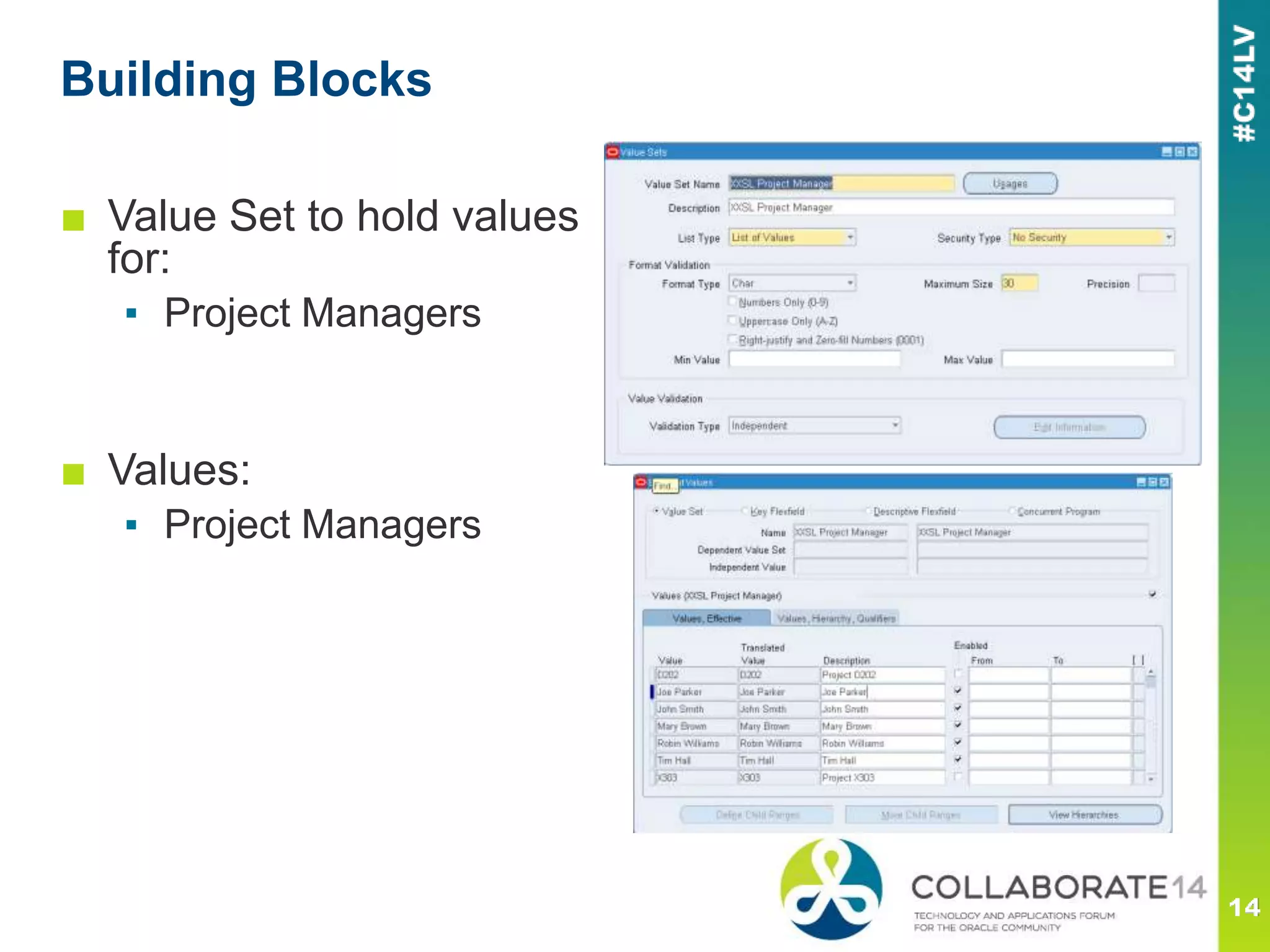 ■ Value Set to hold values
for:
▪ Project Managers
■ Values:
▪ Project Managers
Building Blocks
 