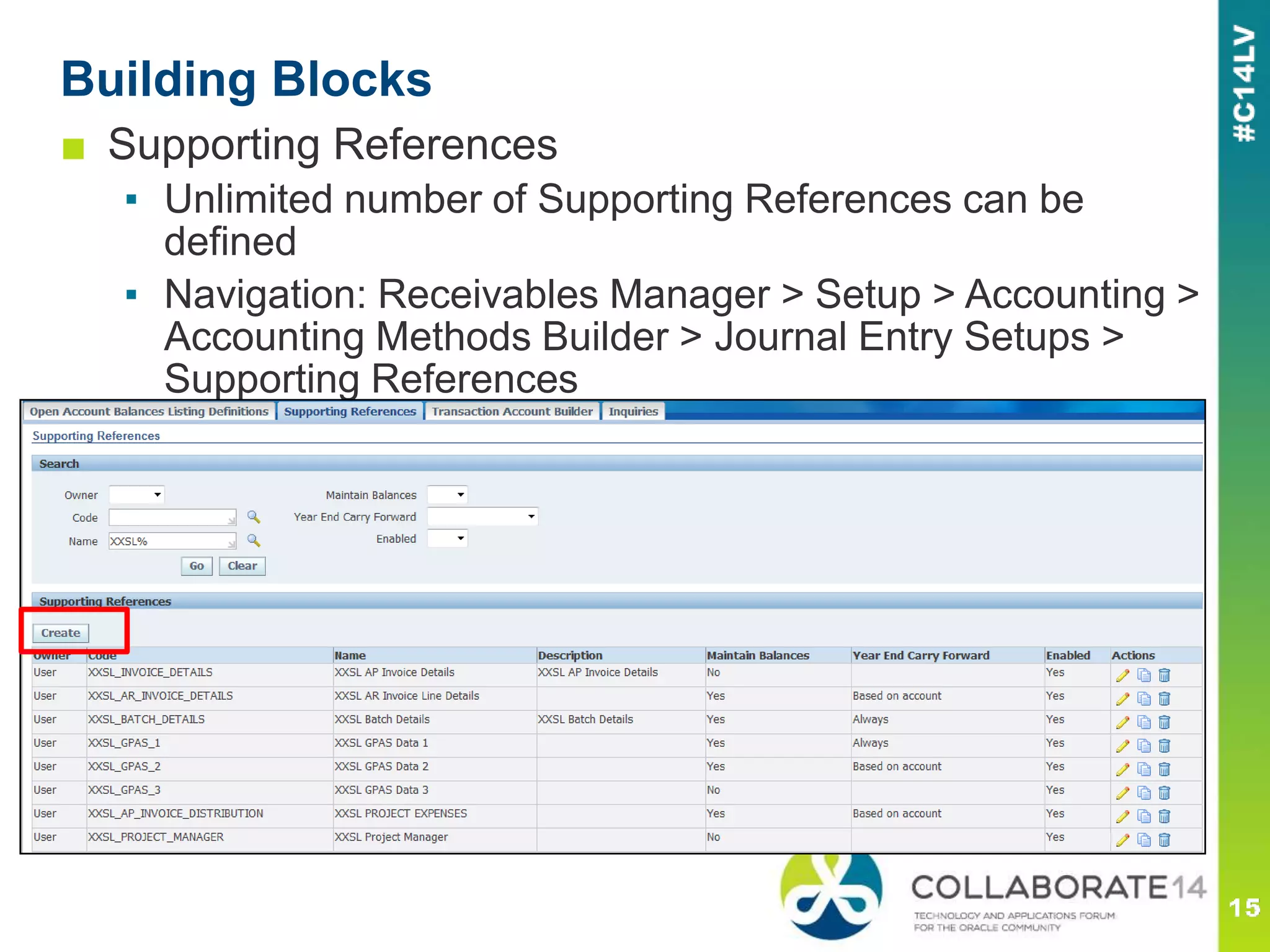 ■ Supporting References
▪ Unlimited number of Supporting References can be
defined
▪ Navigation: Receivables Manager > Setup > Accounting >
Accounting Methods Builder > Journal Entry Setups >
Supporting References
Building Blocks
 