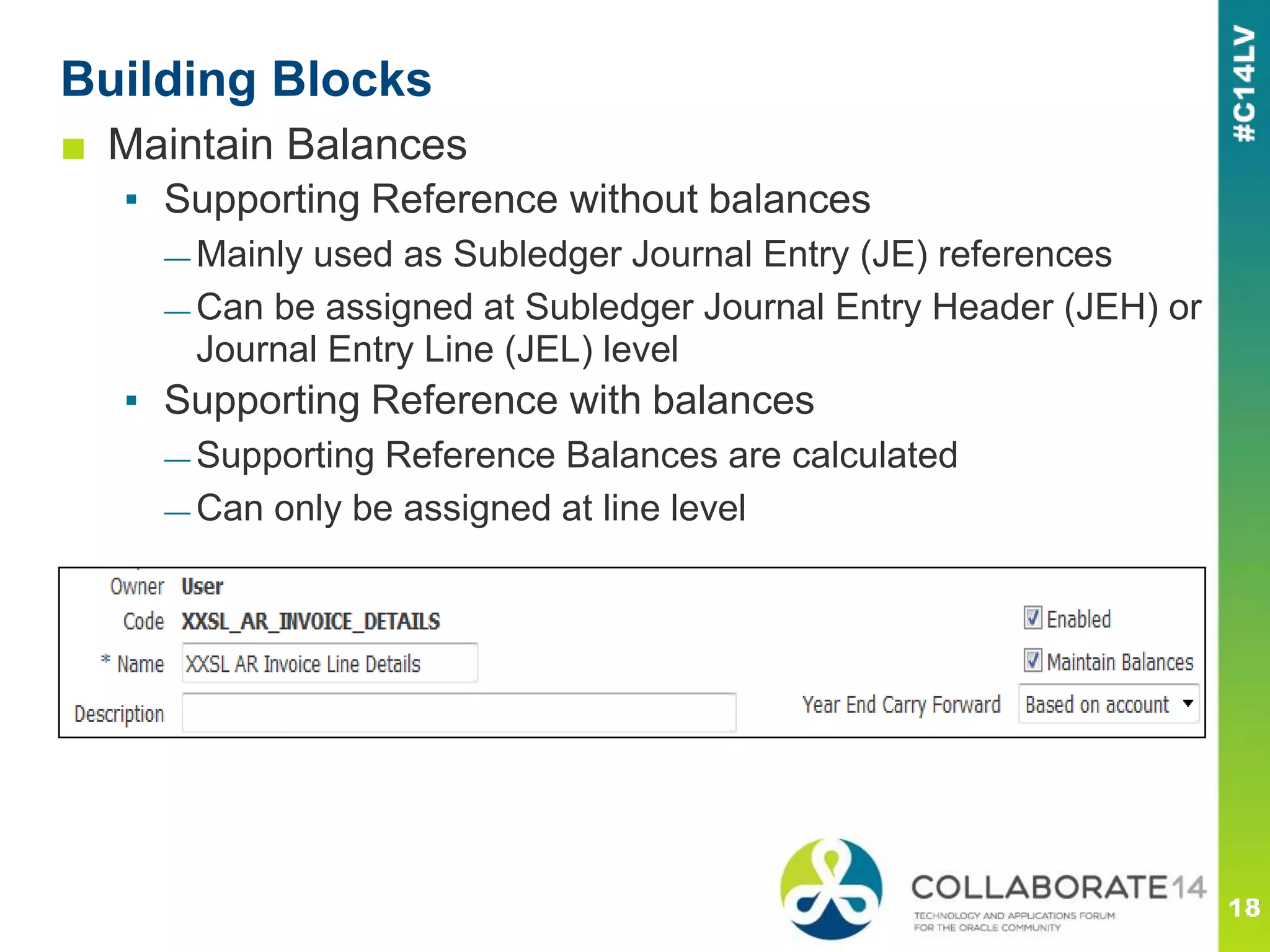 ■ Maintain Balances
▪ Supporting Reference without balances
— Mainly used as Subledger Journal Entry (JE) references
— Can be assigned at Subledger Journal Entry Header (JEH) or
Journal Entry Line (JEL) level
▪ Supporting Reference with balances
— Supporting Reference Balances are calculated
— Can only be assigned at line level
Building Blocks
 