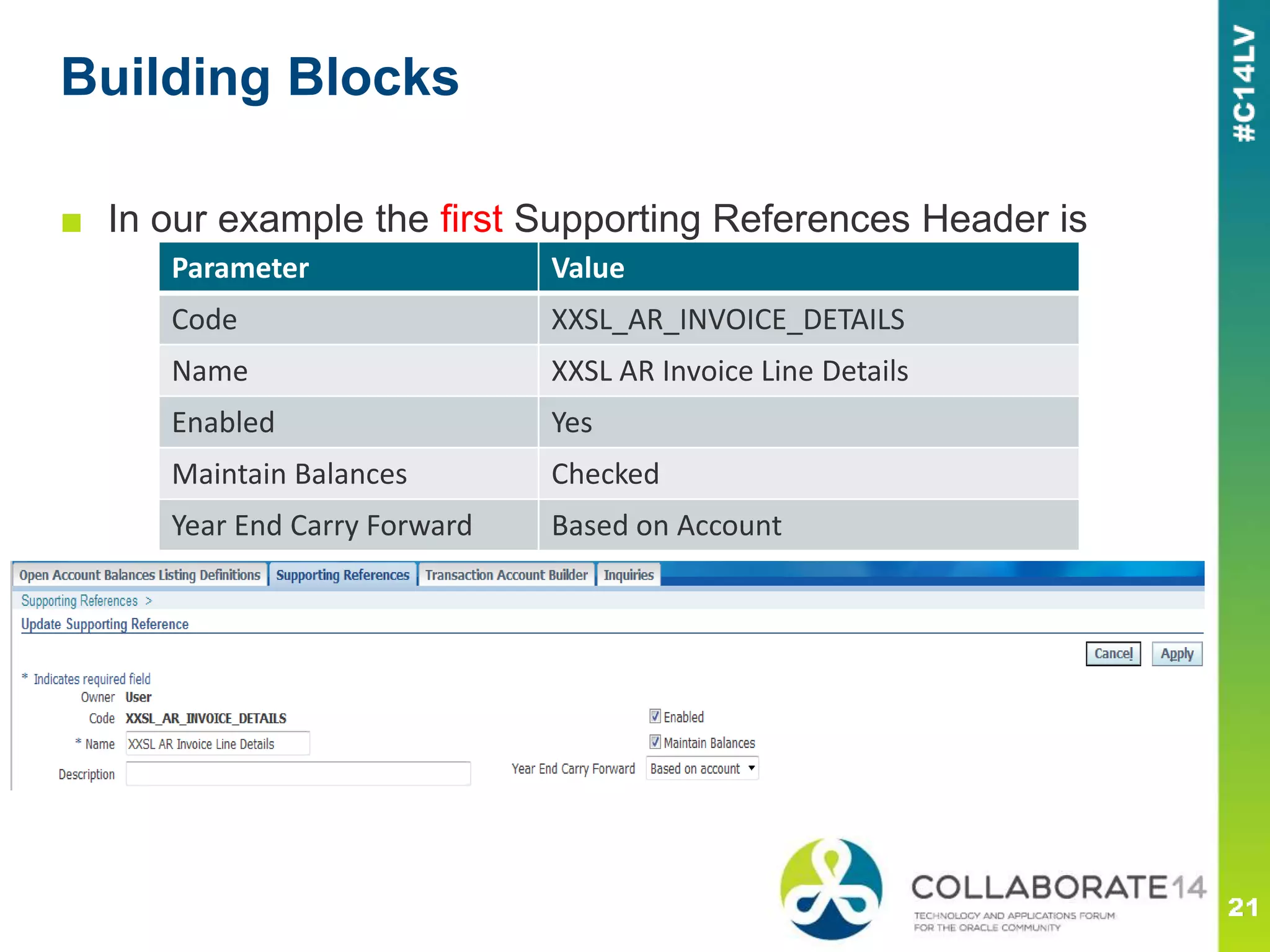 Building Blocks
■ In our example the first Supporting References Header is
Parameter Value
Code XXSL_AR_INVOICE_DETAILS
Name XXSL AR Invoice Line Details
Enabled Yes
Maintain Balances Checked
Year End Carry Forward Based on Account
 