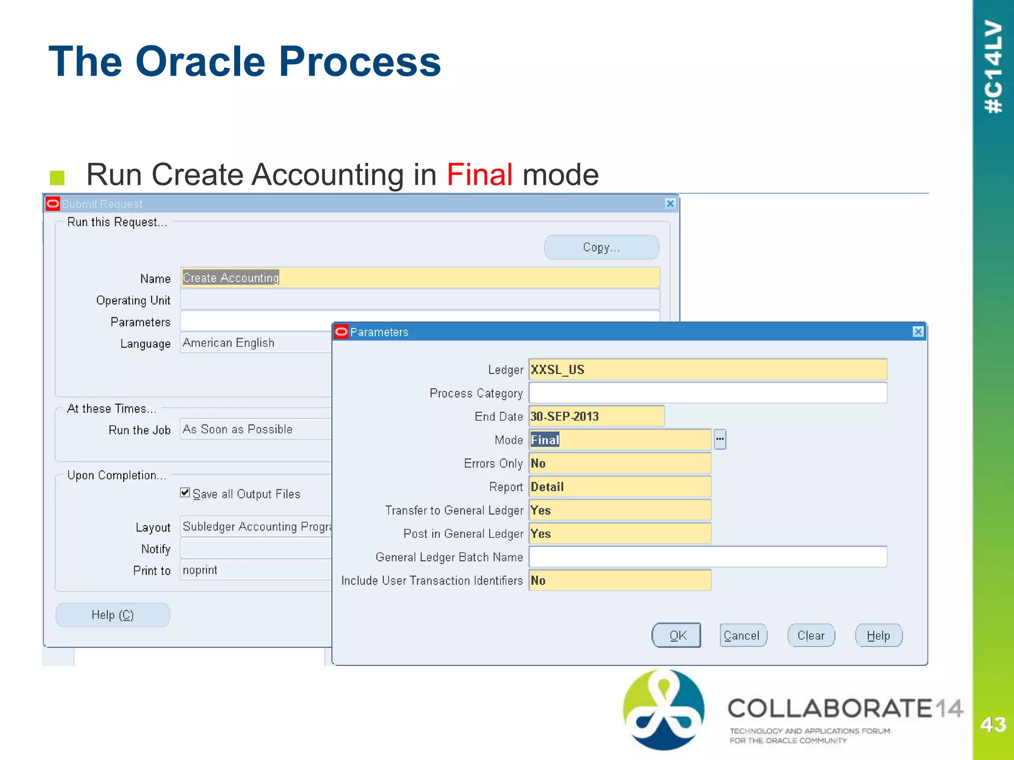 The Oracle Process
■ Run Create Accounting in Final mode
 