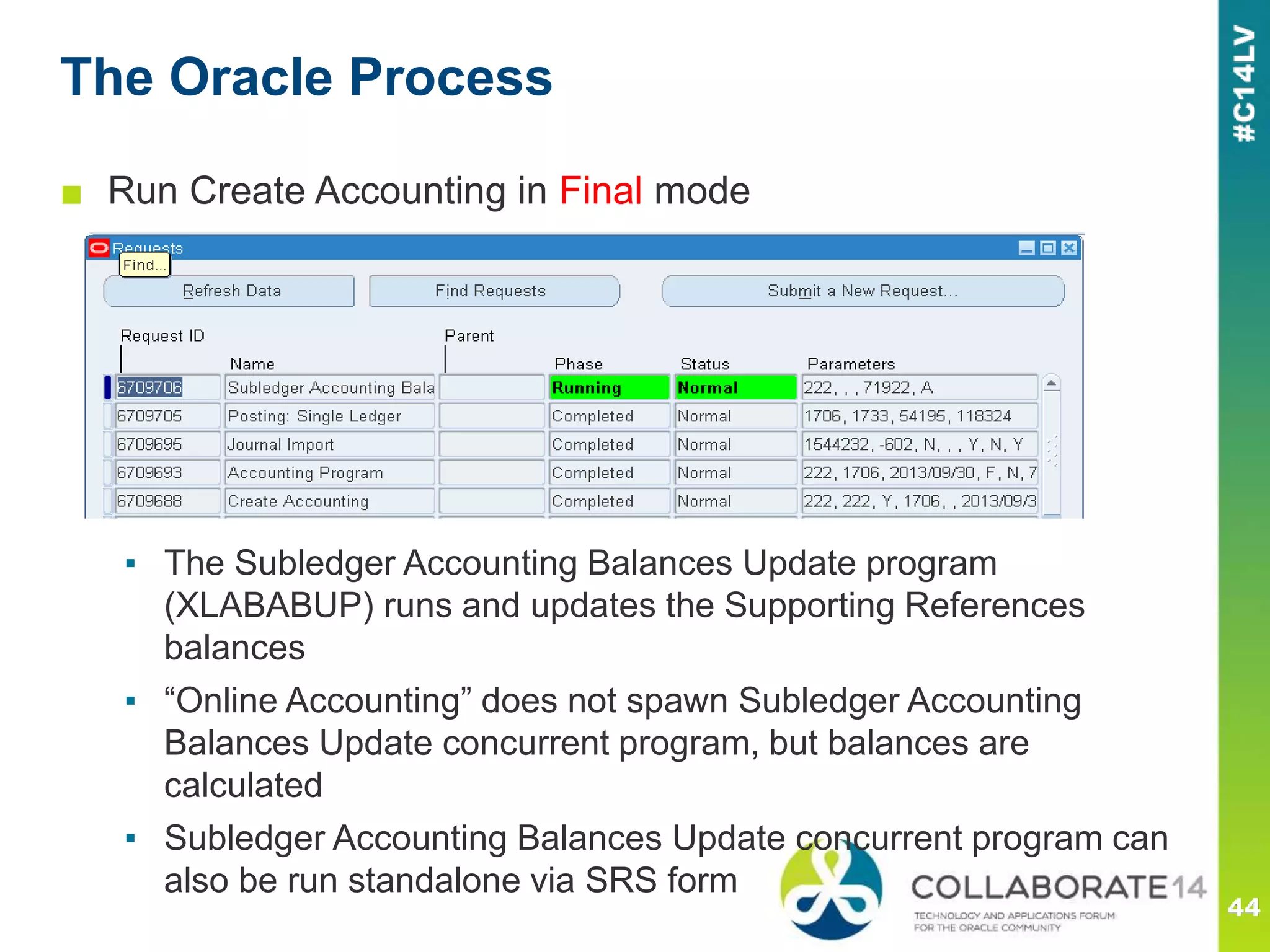 The Oracle Process
■ Run Create Accounting in Final mode
▪ The Subledger Accounting Balances Update program
(XLABABUP) runs and updates the Supporting References
balances
▪ “Online Accounting” does not spawn Subledger Accounting
Balances Update concurrent program, but balances are
calculated
▪ Subledger Accounting Balances Update concurrent program can
also be run standalone via SRS form
 