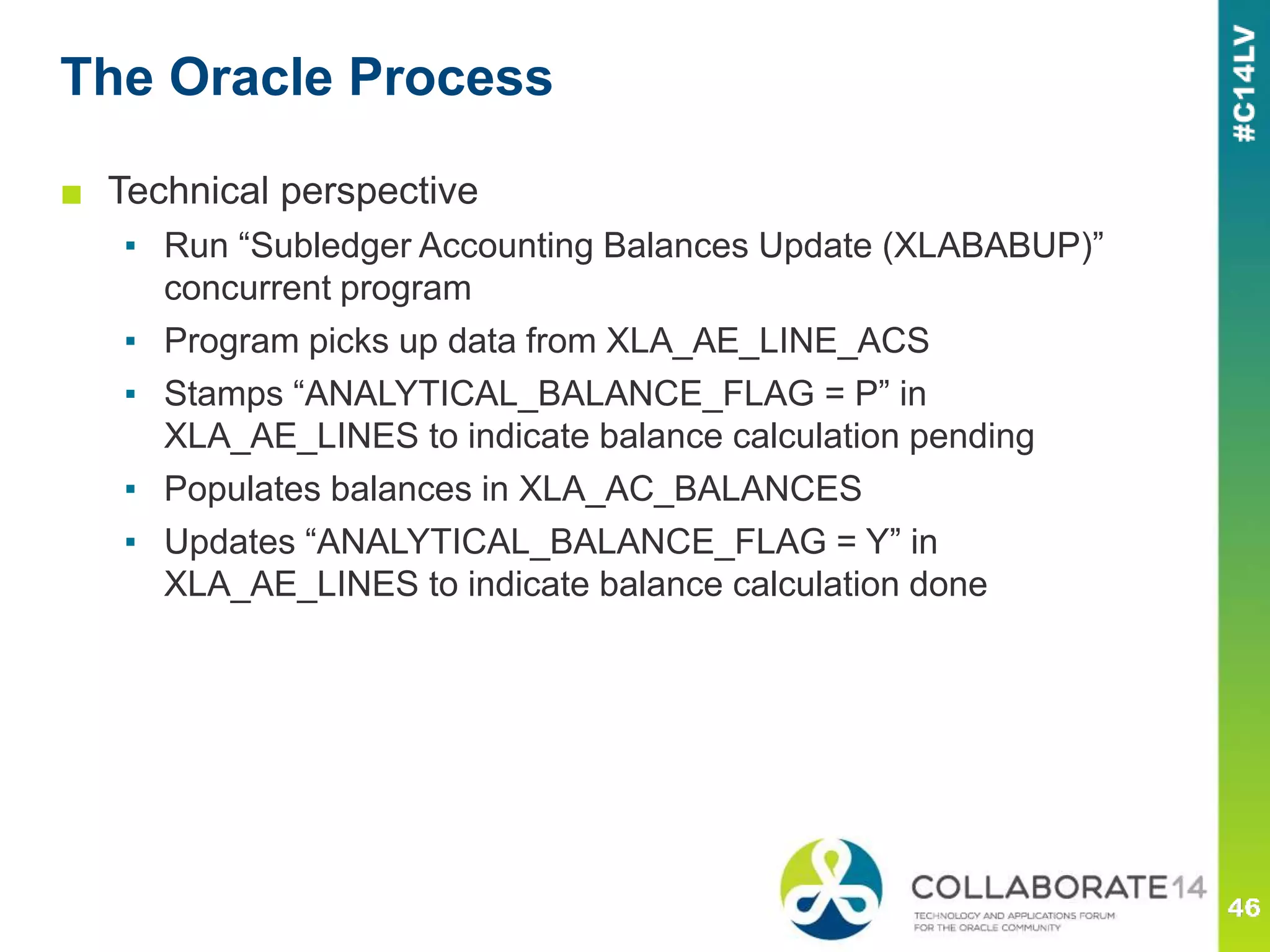 The Oracle Process
■ Technical perspective
▪ Run “Subledger Accounting Balances Update (XLABABUP)”
concurrent program
▪ Program picks up data from XLA_AE_LINE_ACS
▪ Stamps “ANALYTICAL_BALANCE_FLAG = P” in
XLA_AE_LINES to indicate balance calculation pending
▪ Populates balances in XLA_AC_BALANCES
▪ Updates “ANALYTICAL_BALANCE_FLAG = Y” in
XLA_AE_LINES to indicate balance calculation done
 