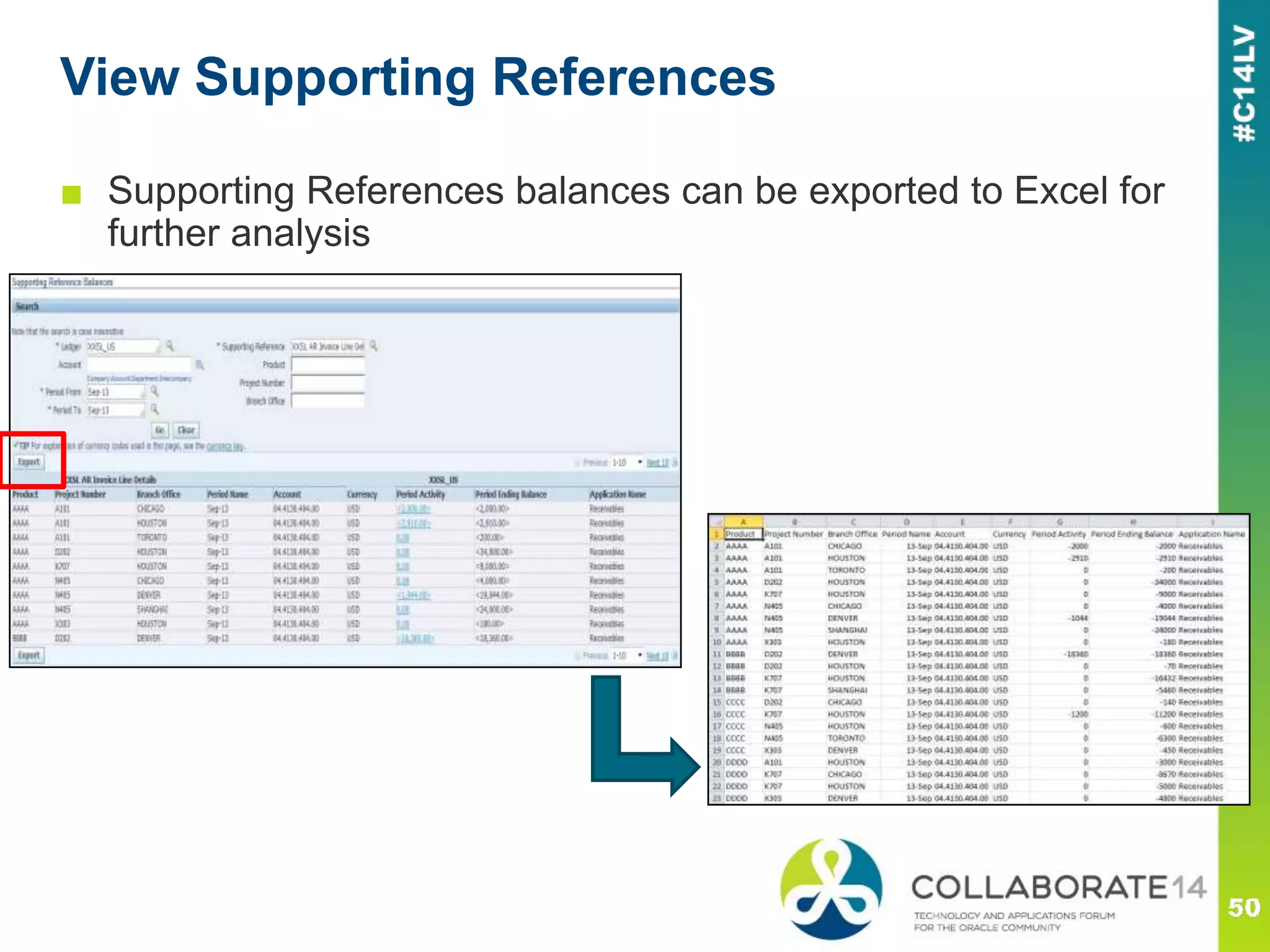 View Supporting References
■ Supporting References balances can be exported to Excel for
further analysis
 