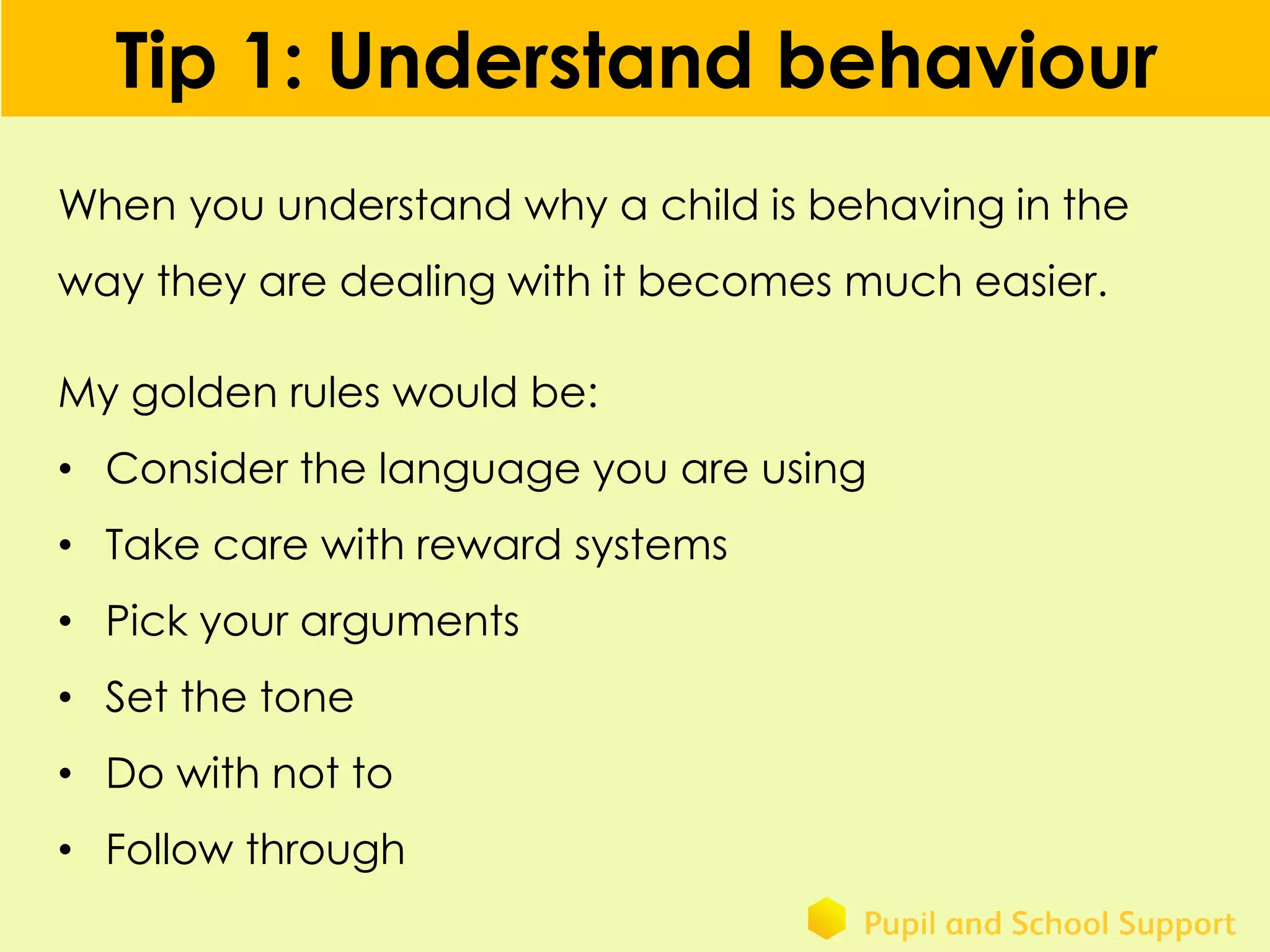 Tip 1: Understand behaviour
When you understand why a child is behaving in the
way they are dealing with it becomes much easier.
My golden rules would be:
• Consider the language you are using
• Take care with reward systems
• Pick your arguments
• Set the tone
• Do with not to
• Follow through
 