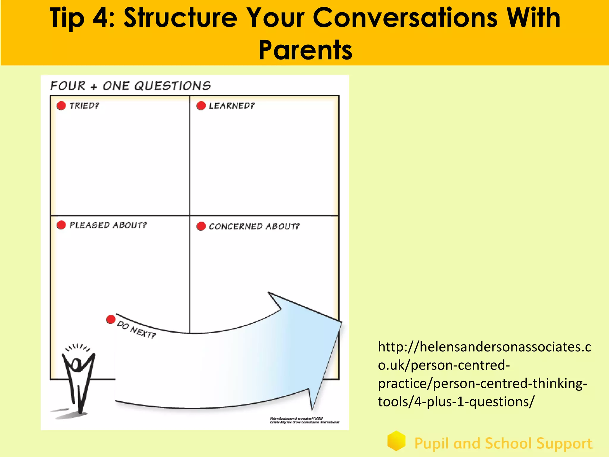 Tip 4: Structure Your Conversations With
Parents
http://helensandersonassociates.c
o.uk/person-centred-
practice/person-centred-thinking-
tools/4-plus-1-questions/
 