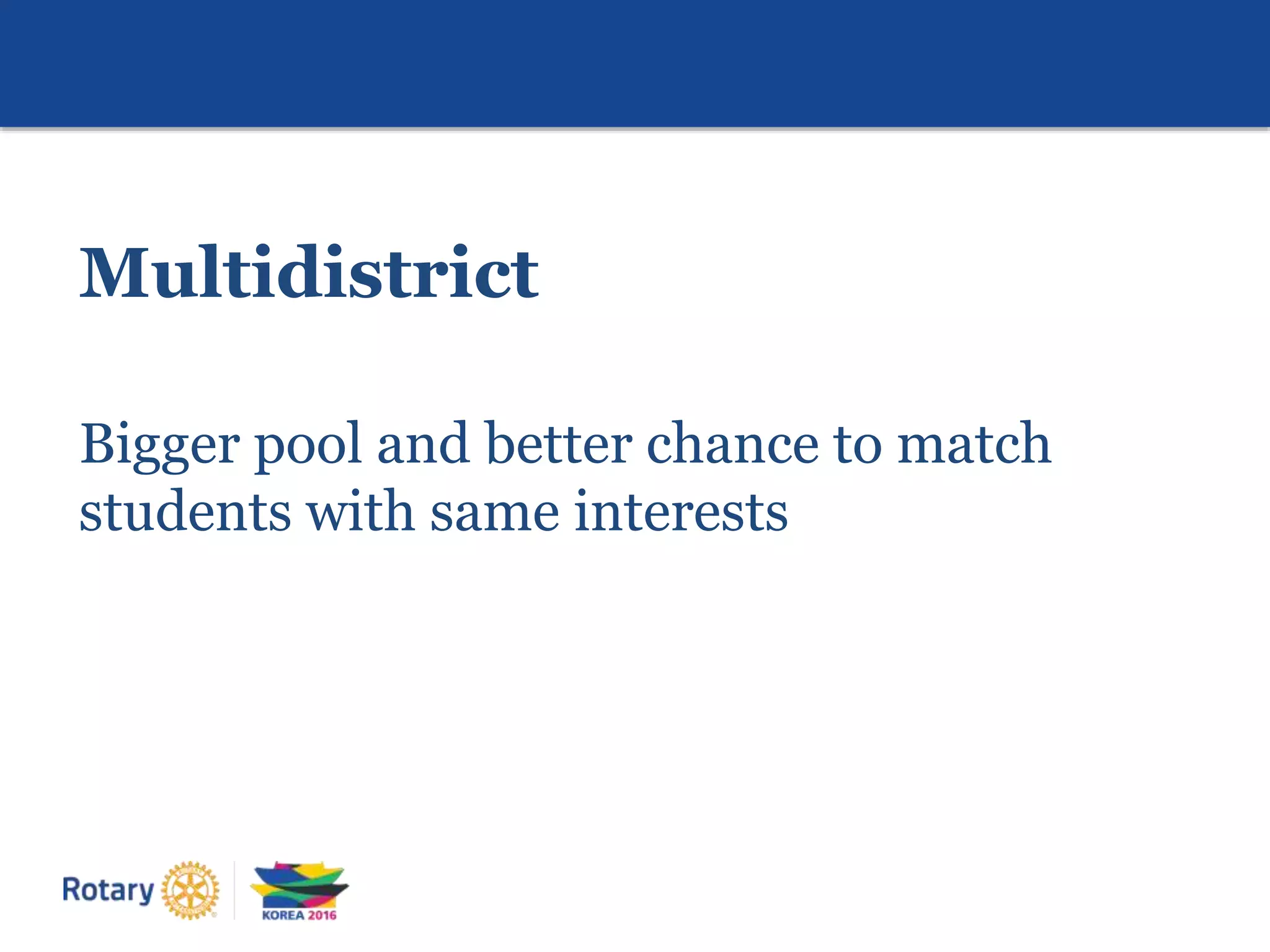 Multidistrict
Bigger pool and better chance to match
students with same interests
 