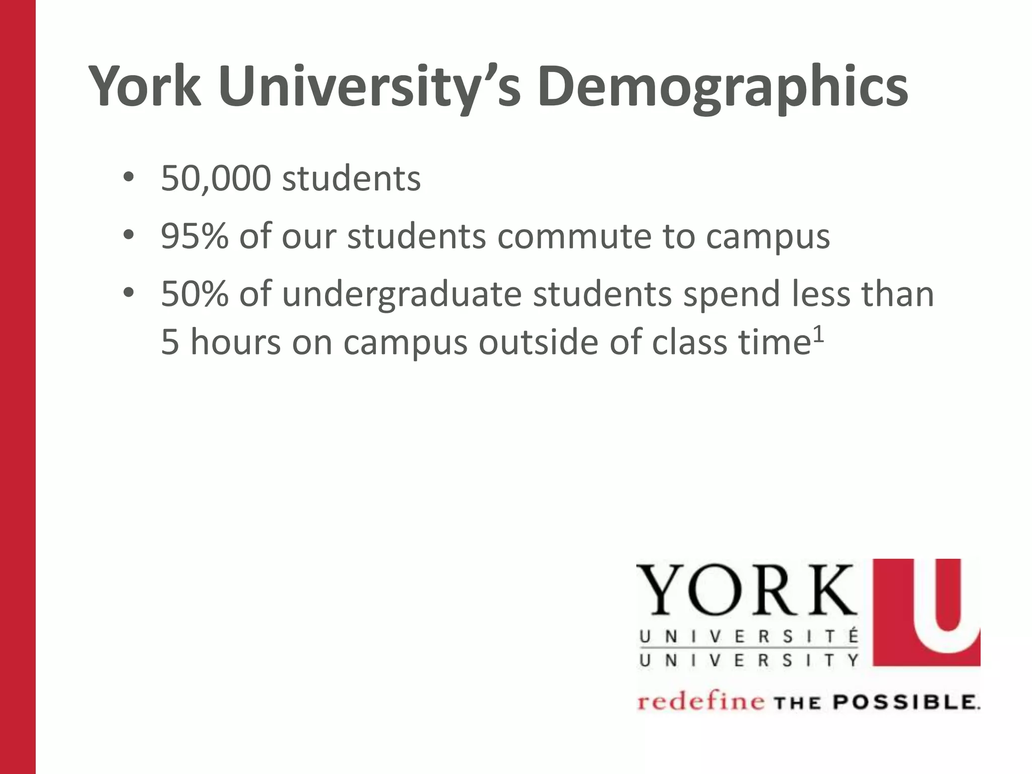 York University’s Demographics
 • 50,000 students
 • 95% of our students commute to campus
 • 50% of undergraduate students spend less than
   5 hours on campus outside of class time1
 