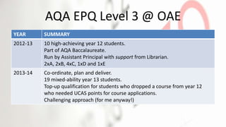 AQA EPQ Level 3 @ OAE
YEAR SUMMARY
2012-13 10 high-achieving year 12 students.
Part of AQA Baccalaureate.
Run by Assistant Principal with support from Librarian.
2xA, 2xB, 4xC, 1xD and 1xE
2013-14 Co-ordinate, plan and deliver.
19 mixed-ability year 13 students.
Top-up qualification for students who dropped a course from year 12
who needed UCAS points for course applications.
Challenging approach (for me anyway!)
 