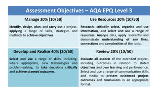 AssessmentAssessment Objectives – AQA EPQ Level 3
Manage 20% (10/50)
Identify, design, plan, and carry out a project,
applying a range of skills, strategies and
methods to achieve objectives.
Use Resources 20% (10/50)
Research, critically select, organise and use
information, and select and use a range of
resources. Analyse data, apply relevantly and
demonstrate understanding of any links,
connections and complexities of the topic.
Develop and Realise 40% (20/50)
Select and use a range of skills, including,
where appropriate, new technologies and
problem-solving, to take decisions critically
and achieve planned outcomes.
Review 20% (10/50)
Evaluate all aspects of the extended project,
including outcomes in relation to stated
objectives and own learning and performance.
Select and use a range of communication skills
and media to present evidenced project
outcomes and conclusions in an appropriate
format.
 
