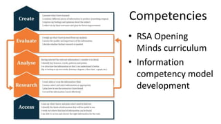 Competencies
• RSA Opening
Minds curriculum
• Information
competency model
development
 