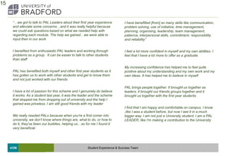 UOB
“…we got to talk to PAL Leaders about their first year experience
and alleviate some concerns…and it was really helpful because
we could ask questions based on what we needed help with
regarding each module. The help we gained…we were able to
input then in our work
I benefited from enthusiastic PAL leaders and working through
problems as a group. It can be easier to talk to other students
than staff
PAL has benefited both myself and other first year students as it
has gotten us to work with other students and get to know them
and not just worked with our friends
I have a lot of passion for this scheme and I genuinely do believe
it works. As a student last year, it was the leader and the scheme
that stopped me from dropping out of university and the help I
gained was priceless. I am still good friends with my leader
We really needed PALs because when you're a first comer into
university, we don't know where things are, what to do, or how to
do it, they've been our buddies, helping us…so for me I found it
very beneficial
I have benefitted [from] so many skills like communication,
problem solving, use of initiative, time management,
planning, organising, leadership, team management,
patience, interpersonal skills, commitment, responsibility
and reliability”
I feel a lot more confident in myself and my own abilities. I
feel that I have a lot more to offer as a graduate
My increasing confidence has helped me to feel quite
positive about my understanding and my own work and my
own ideas. It has helped me to believe in myself
PAL brings people together. It brought us together as
leaders, it brought our friends groups together and it
brought us together with the first year students
I find that I am happy and comfortable on campus. I know
,like I was a student before, but now I see it in a much
bigger way. I am not just a University student; I am a PAL
LEADER, like I’m making a contribution to the University
Student Experience & Success Team
15
 