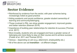 UOB
Sector Evidence
• Reinforced by evidence from the sector, with peer schemes being
increasingly noted as good practice
• Aiding academic and social confidence, greater student ownership of
learning and community/belonging.
• Those involved in PAL can show greater engagement, improved grades
and better retention (Keenan 2014)
• Importance of building peer relationships for retention & success (Thomas
et al. 2017)
• More broadly, students who are engaged and have a greater sense of
belonging are more likely to stay on their course and to achieve success
(Foster et al. 2011 and Thomas 2012).
• Various – depending on aim (e.g. attainment, employability etc.)
• All of the above can aid transition – at different stages
SEDA May 2018
 