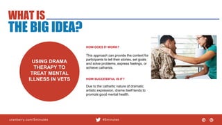 cranberry.com/5minutes #5minutes
WHAT IS
THE BIG IDEA?
USING DRAMA
THERAPY TO
TREAT MENTAL
ILLNESS IN VETS
This approach can provide the context for
participants to tell their stories, set goals
and solve problems, express feelings, or
achieve catharsis.
HOW DOES IT WORK?
Due to the cathartic nature of dramatic
artistic expression, drama itself tends to
promote good mental health.
HOW SUCCESSFUL IS IT?
 