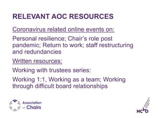 RELEVANT AOC RESOURCES
Coronavirus related online events on:
Personal resilience; Chair’s role post
pandemic; Return to wo...