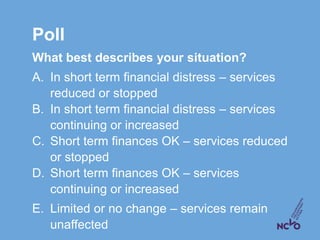 Poll
What best describes your situation?
A. In short term financial distress – services
reduced or stopped
B. In short ter...