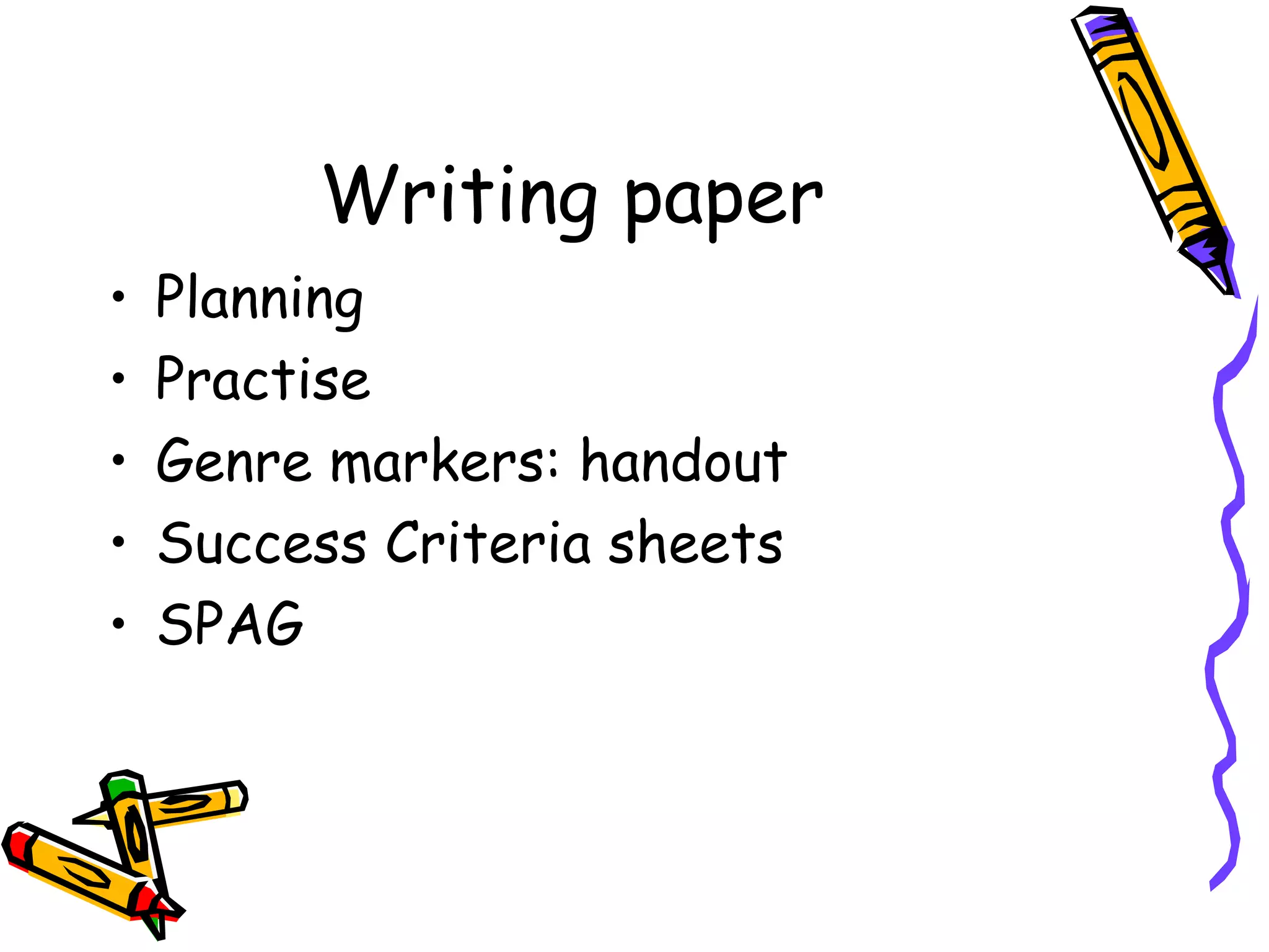 Writing paper Planning Practise Genre markers: handout Success Criteria sheets SPAG 