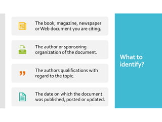 What to
identify?
The book, magazine, newspaper
orWeb document you are citing.
The author or sponsoring
organization of the document.
The authors qualifications with
regard to the topic.
The date on which the document
was published, posted or updated.
 