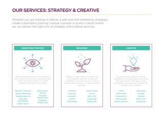 Whether you are looking to deliver a well-planned marketing campaign,
create a boundary pushing creative concept or build a robust brand,
we can deliver the right mix of strategic and creative services.
MARKETING STRATEGY BRANDING CREATIVE
OUR SERVICES: STRATEGY & CREATIVE
Great strategies are built on clear objectives.
Tell us what you are aiming to achieve and we’ll
work in partnership with you to create
strategies which achieve your goals.
PRODUCT LAUNCHES
BRAND AWARENESS
BUSINESS GROWTH
EMPLOYEE
ENGAGEMENT
MARKET REACH
BEHAVIOURAL
CHANGE
CHANGING
PERCEPTIONS
MERGERS &
ACQUISITIONS
Successful design is about emotional
engagement. Our creative teams are always
working to find the right ways to create
cut-through and visually communicate your
message to your audience.
LOGOS
ADVERTISING
INFOGRAPHICS
PUBLICATIONS
ANNUAL REPORTS
PACKAGING
POSTERS
SIGNAGE
DIRECT MAIL
EXHIBITIONS
Crafting a brilliant brand is a complex and
multi-layered process. We can help you
understand your brand, how your audience
engages with it and how to increase its impact
and reach.
STRATEGY
ANALYSIS
RESEARCH
NAMING
POSITIONING
TONE OF VOICE
VALUES
IDENTITIES
GUIDELINES
WORKSHOPS
 