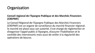 Organisation
Conseil régional de l'Epargne Publique et des Marchés Financiers
(CREPMF)
Le Conseil Régional de l’Epargne Publique des Marchés Financiers
(CREPMF) est un organe de surveillance du marché financier régional.
le marché est placé sous son autorité. Il est chargé de réglementer et
d’organiser l’appel public à l’épargne, d’assurer l’habilitation et le
contrôle des intervenants mais aussi de veiller à la régularité des
opérations de bourse.
 
