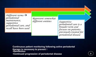 8
Continuous patient monitoring following active periodontal
therapy is necessary to prevent 
•Reinfection
•Continued progression of periodontal disease
 