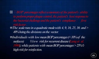  BOP percentagesreflectasummaryof the patient's ability
to performproperplaquecontrol,the patient's hostresponseto
the bacterialchallengeandthe patient's compliance first
riskfactor.
The scalerunsin aquadraticmodewith 4, 9, 16,25,36 and>
49%beingthe divisionsonthe vector.
Individuals with low meanBOPpercentages(<10%of the
surfaces) low riskforrecurrentdisease(Langet al.
1990),whilepatients with meanBOPpercentages>25%
highriskforreinfection.
63
 