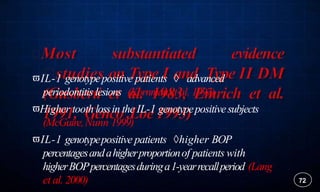 IL-1 genotypepositive patients  advanced
periodontitis lesions (Kornmanet al. 1997)
Higher tooth lossin the IL-1 genotypepositivesubjects
(McGuire,Nunn 1999)
IL-1 genotypepositive patients higher BOP
percentagesandahigherproportionof patients with
higherBOPpercentagesduringa1-yearrecallperiod (Lang
et al. 2000) 72
 