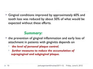     Gingival conditions improved by approximately 60% and
     tooth loss was reduced by about 50% of what would be
     expected without these efforts.


                  Summary:
    the prevention of gingival inflammation and early loss of
     attachment in patients with gingivitis depends on
         the level of personal plaque control,
         further measures to reduce the accumulation of
         supragingival and subgingival plaque.


    19                      joshuagm/sem8/muhas/2011-12.   Friday, June 8, 2012
 