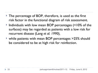     The percentage of BOP, therefore, is used as the first
     risk factor in the functional diagram of risk assessment.
    Individuals with low mean BOP percentages (<10% of the
     surfaces) may be regarded as patients with a low risk for
     recurrent disease (Lang et al. 1990),
    while patients with mean BOP percentages >25% should
     be considered to be at high risk for reinfection.




    33                    joshuagm/sem8/muhas/2011-12.   Friday, June 8, 2012
 