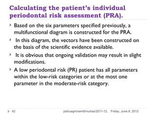 Calculating the patient’s individual
periodontal risk assessment (PRA).
    Based on the six parameters specified previously, a
     multifunctional diagram is constructed for the PRA.
     In this diagram, the vectors have been constructed on
     the basis of the scientific evidence available.
     It is obvious that ongoing validation may result in slight
     modifications.
    A low periodontal risk (PR) patient has all parameters
     within the low-risk categories or at the most one
     parameter in the moderate-risk category.



    42                     joshuagm/sem8/muhas/2011-12.   Friday, June 8, 2012
 