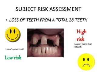 SUBJECT RISK ASSESSMENT
• LOSS OF TEETH FROM A TOTAL 28 TEETH
Low risk
High
risk
Loss of upto 4 teeth
Loss of more than
8 teeth
 