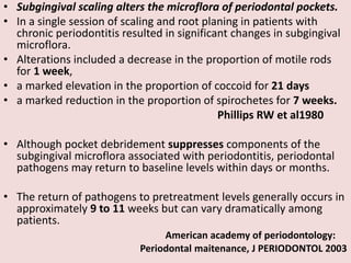 • Subgingival scaling alters the microflora of periodontal pockets.
• In a single session of scaling and root planing in patients with
chronic periodontitis resulted in significant changes in subgingival
microflora.
• Alterations included a decrease in the proportion of motile rods
for 1 week,
• a marked elevation in the proportion of coccoid for 21 days
• a marked reduction in the proportion of spirochetes for 7 weeks.
Phillips RW et al1980
• Although pocket debridement suppresses components of the
subgingival microflora associated with periodontitis, periodontal
pathogens may return to baseline levels within days or months.
• The return of pathogens to pretreatment levels generally occurs in
approximately 9 to 11 weeks but can vary dramatically among
patients.
American academy of periodontology:
Periodontal maitenance, J PERIODONTOL 20037
 