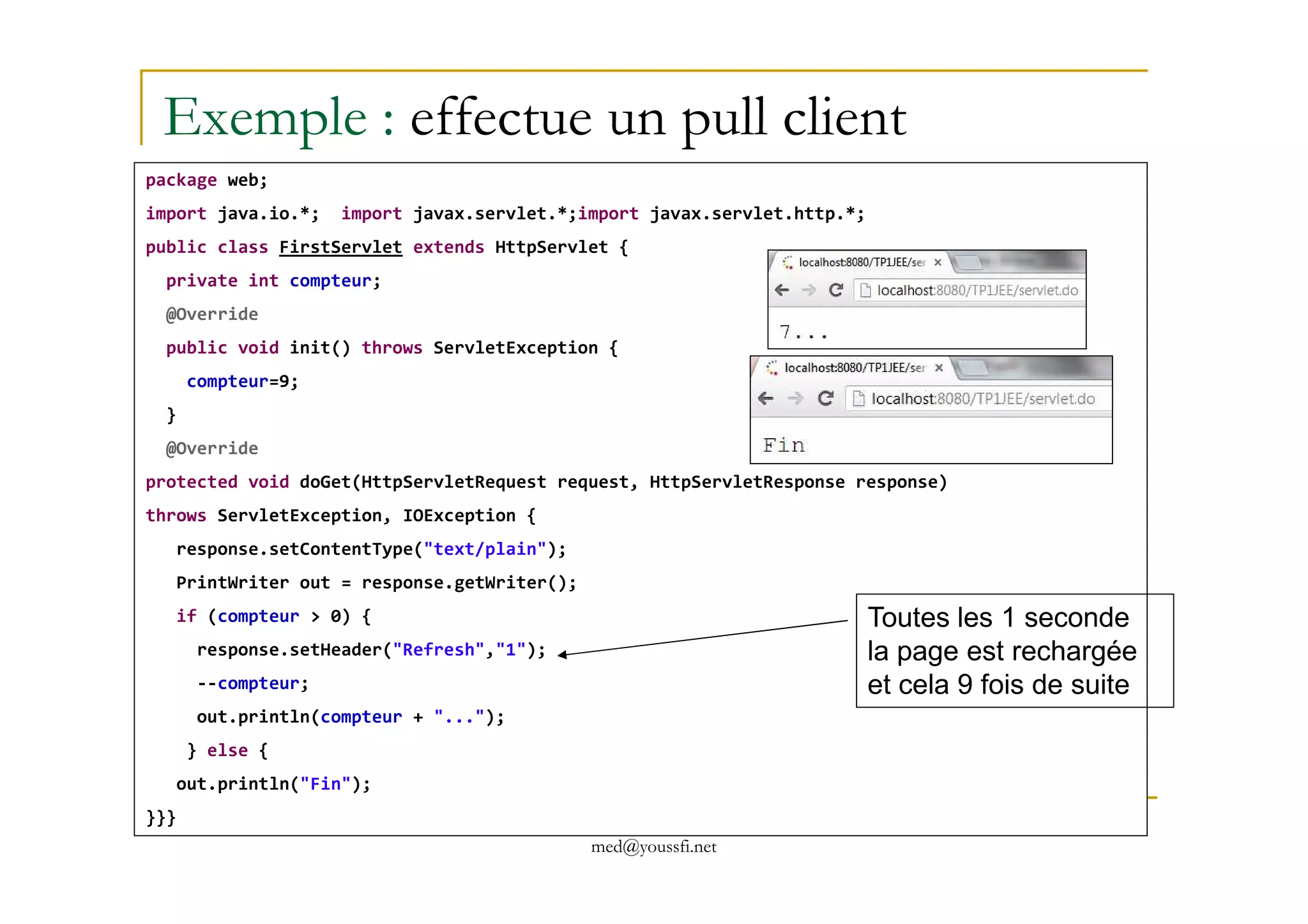 package web;
import java.io.*; import javax.servlet.*;import javax.servlet.http.*;
public class FirstServlet extends HttpServlet {
private int compteur;
@Override
public void init() throws ServletException {
compteur=9;
}
@Override
Exemple : effectue un pull client
med@youssfi.net
protected void doGet(HttpServletRequest request, HttpServletResponse response)
throws ServletException, IOException {
response.setContentType("text/plain");
PrintWriter out = response.getWriter();
if (compteur > 0) {
response.setHeader("Refresh","1");
--compteur;
out.println(compteur + "...");
} else {
out.println("Fin");
}}}
Toutes les 1 seconde
la page est rechargée
et cela 9 fois de suite
 